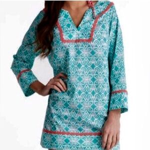 Vineyard Vines Top Womens M Cotton Shell Lattice Print Tunic Preppy Boho Aqua